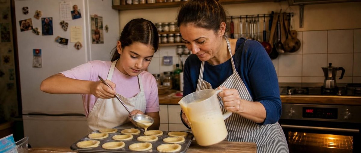 Mutter und Tochter füllen in der Küche Pastel-de-Nata-Förmchen mit Eigelbcreme
