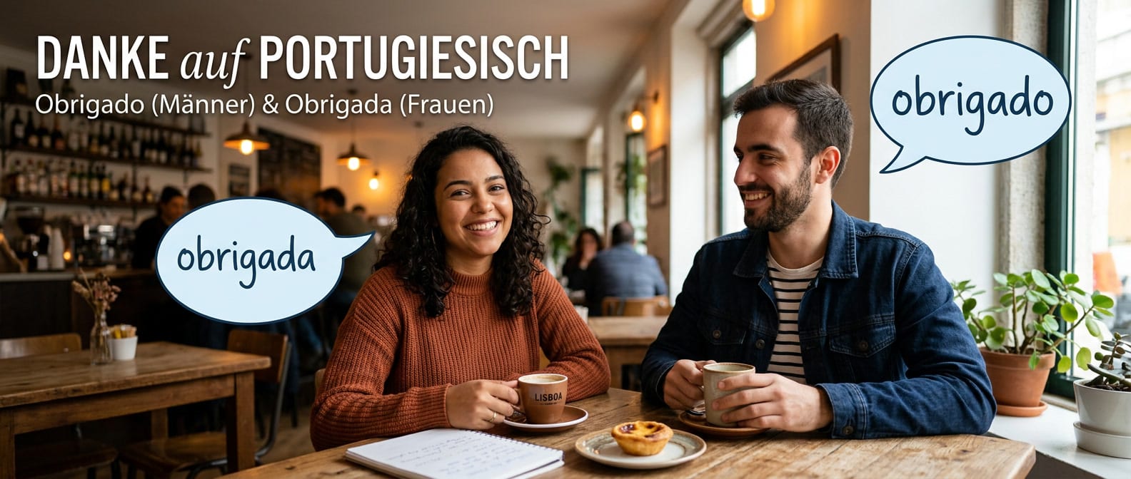 Frau und Mann im Café in Lissabon bedanken sich mit obrigada und obrigado