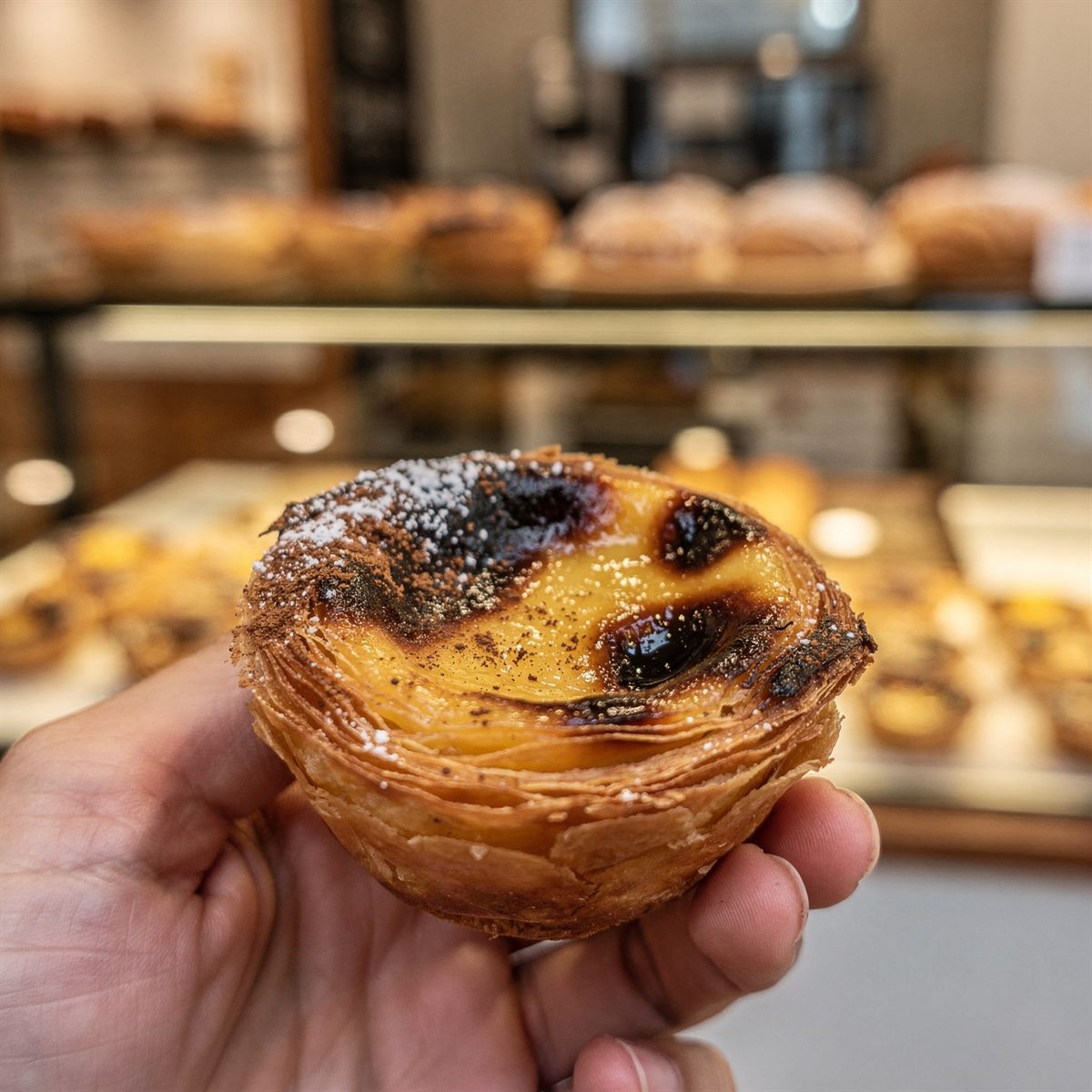 Pastel de Nata mit dunklen Blasen auf der Oberfläche, gehalten vor der Auslage einer Bäckerei in Lissabon