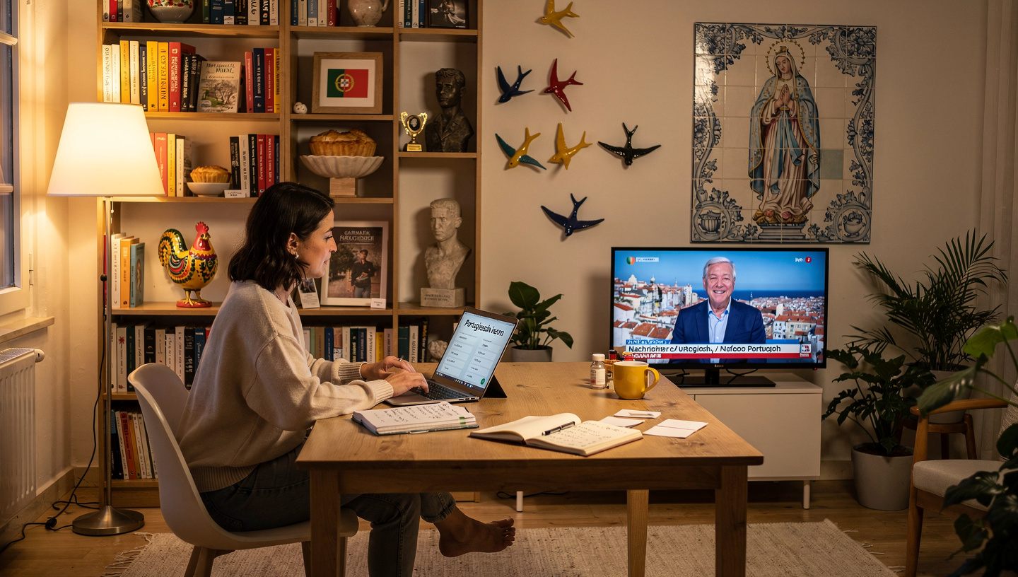 Frau lernt am Laptop europäisches Portugiesisch, im Hintergrund läuft portugiesisches Fernsehen
